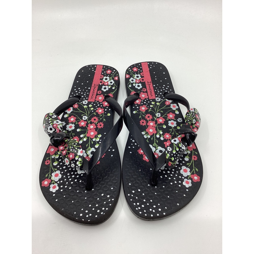 Ipanema Floral Polka Dot Bow Flip Flop Sandals Black Pink Womens Size 4/5 US